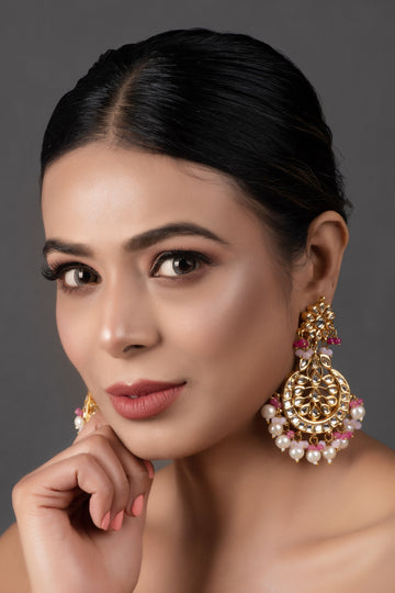 Pearl & Pink beaded Gold toned Kundan earrings